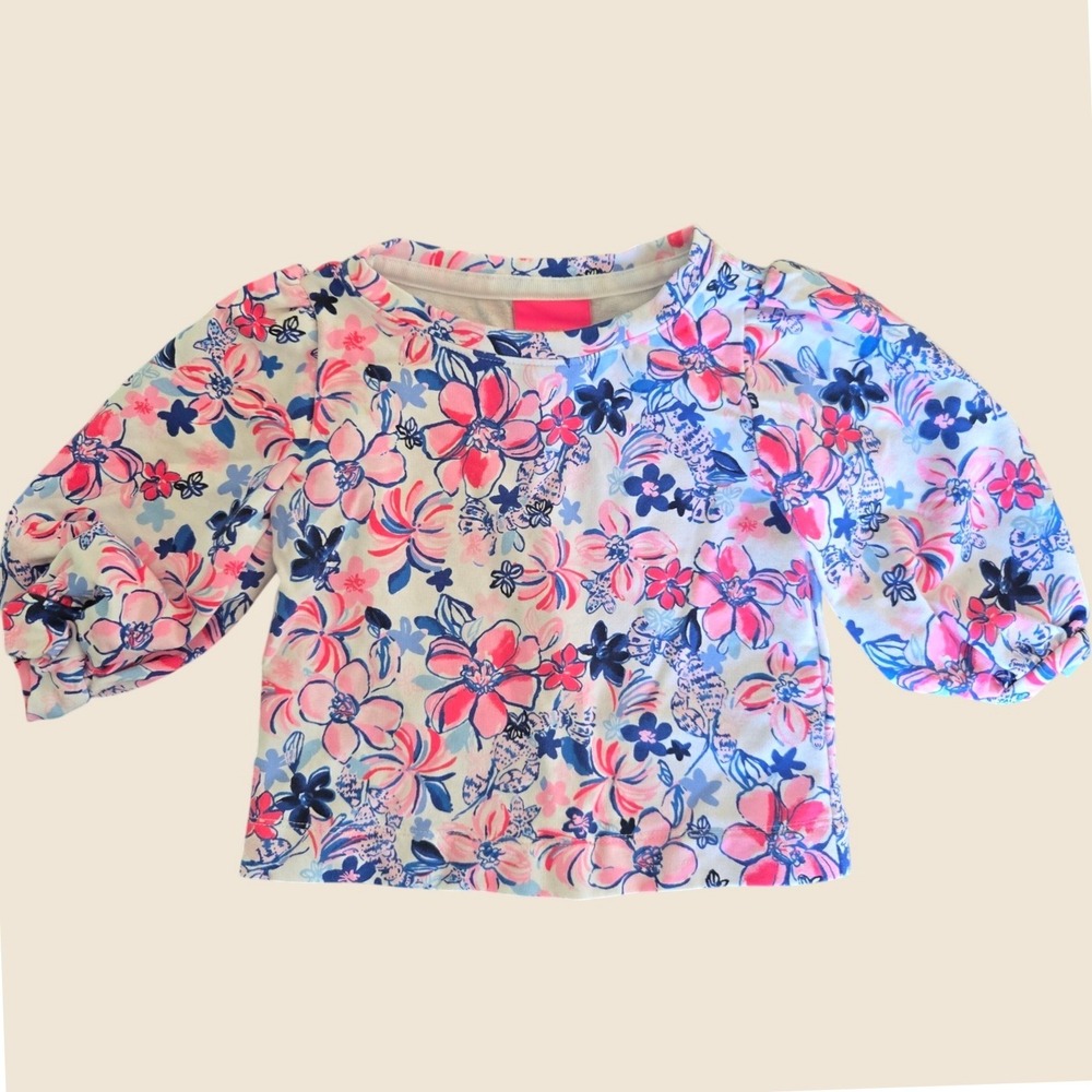 Lilly Pulitzer Kids Pink Blue Floral Puff Sleeve Top XS 2-3T CrewNeck Sweatshirt